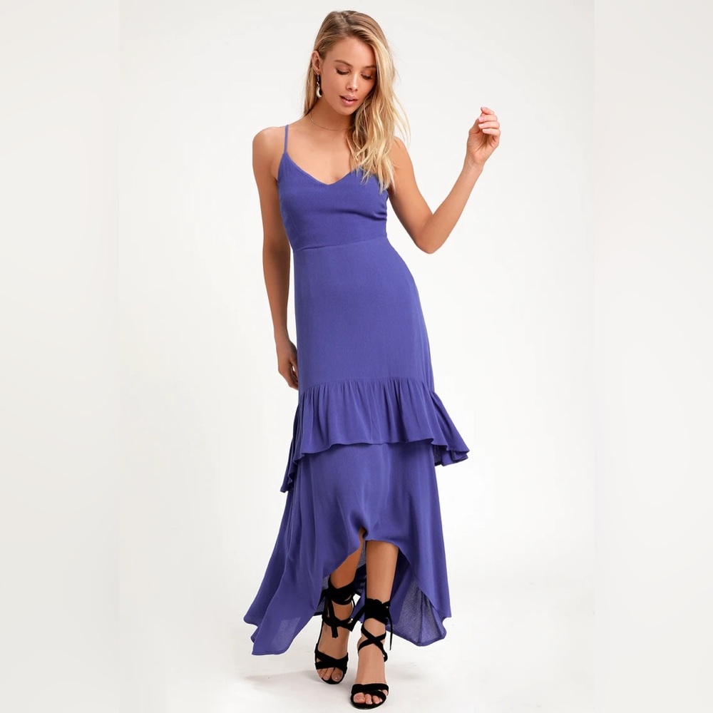 Lulu’s Island Song Washed Royal Blue Sleeveless Tiered Midi Dress - Size M